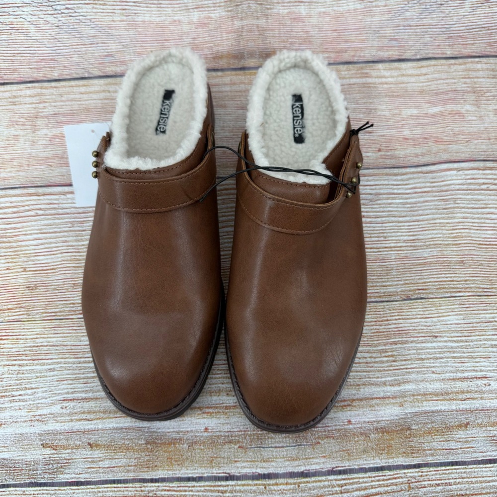 Kensie Wrylie Tan Faux Leather Shearling Lined‎ Studded Lug Sole Clogs Womens 8